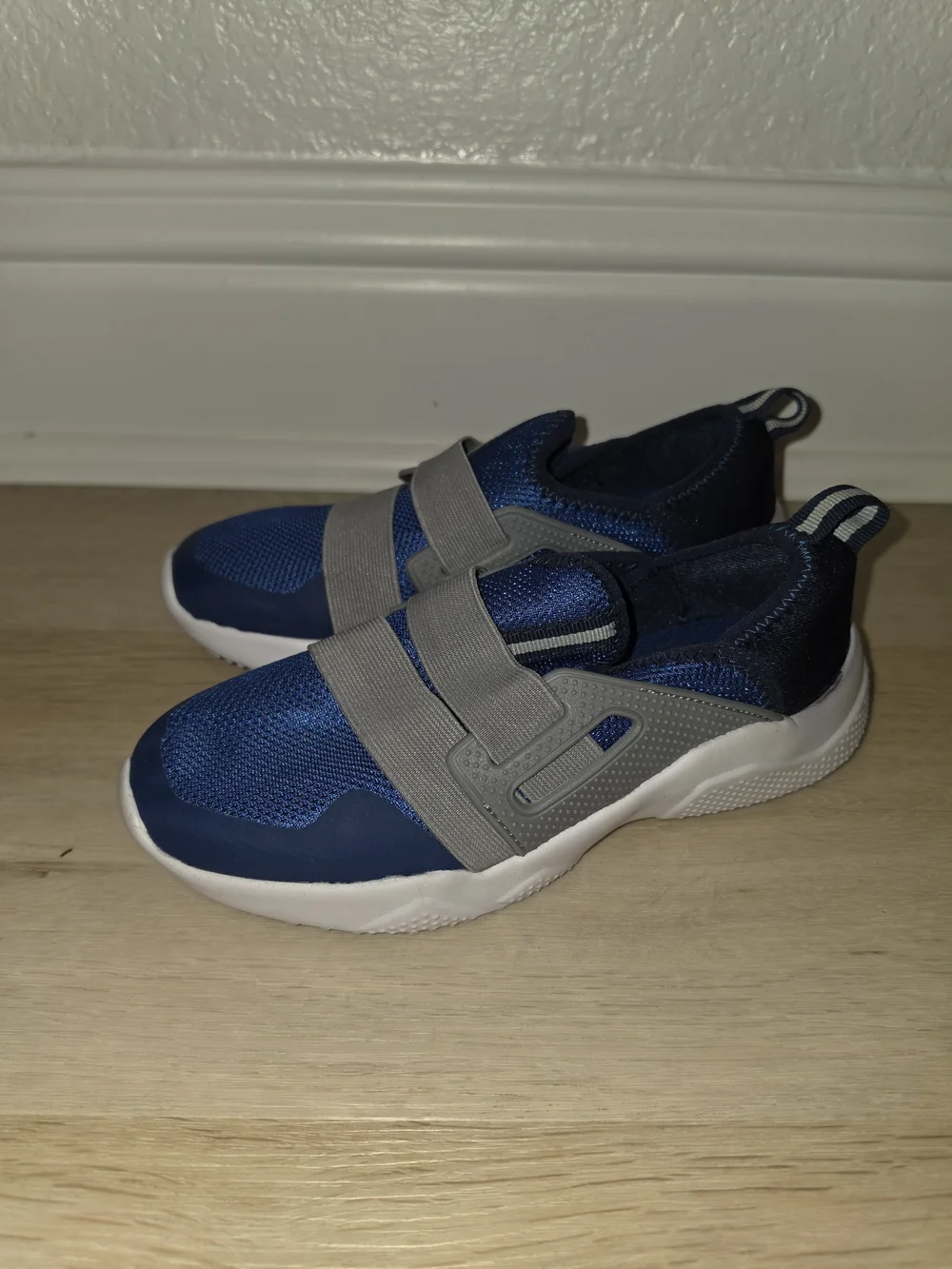 Boys's Navy Blue Athletic Slip-On Sneakers with Gray Straps